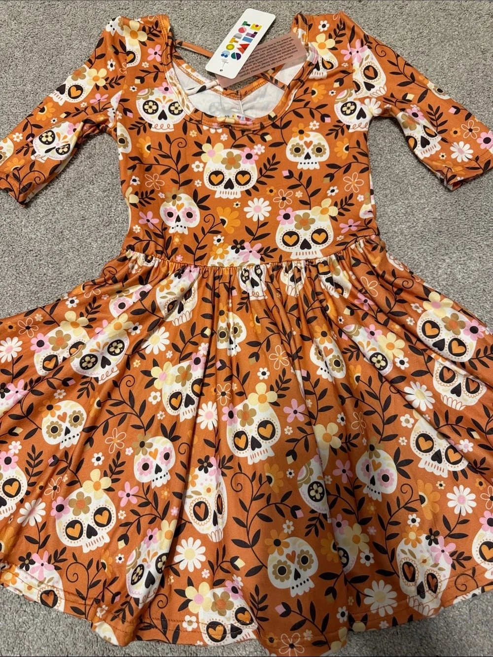 Dot dot smile girls Orange Day of the Dead Skull Floral Twirl Dress 5/6